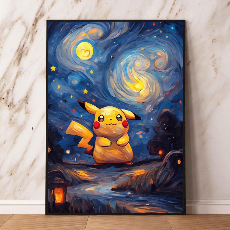 Ван Гог - Стиль Декоративные Картины Pokemon - Пикачу Генгар в Звездной Ночи Искусство Уникальное Настенное Искусство для Декора Дома
