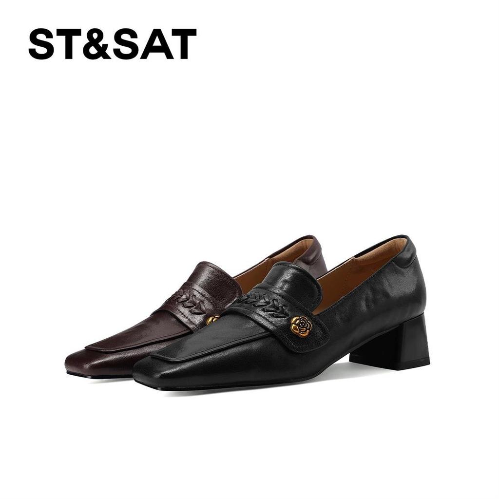 St&Sat/Saturday Mid Heel Square Toe Solid Color Single Shoe British Style Loafers