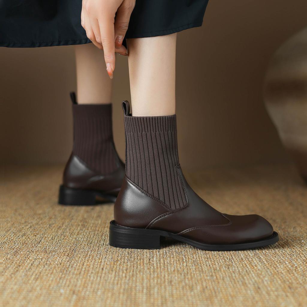 Krazing Pot Микрофибра Осенне-зимняя обувь Толстый средний каблук Размер 43 Ботинки челси Вязаный сзади Эластичные ботильоны