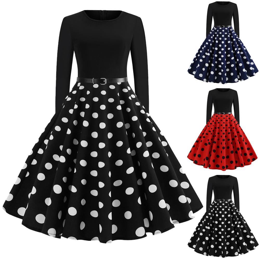 Women Vintage Long Sleeve O Neck Evening Dot Printing Party Prom Swing Dress