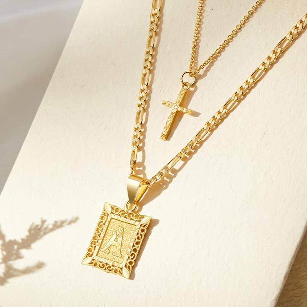 Gold Layered Initial Cross Necklace, 14K Gold Plated Layering Square Letter Pendant Figaro Chain Cross Choker From A-Z Capital Jewelry for Women Girls