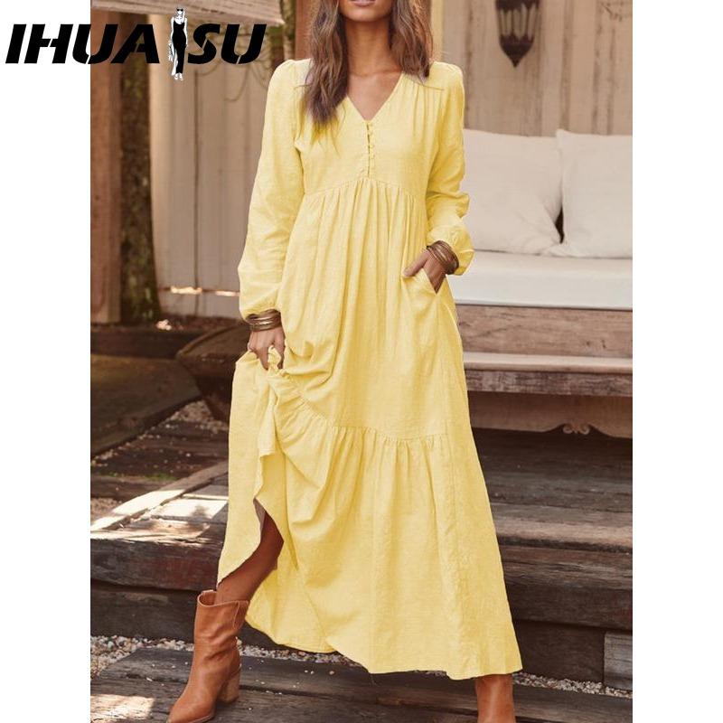IHUASU Women's Cotton Maxi Dress Long Sleeve Ruffle Pocket
