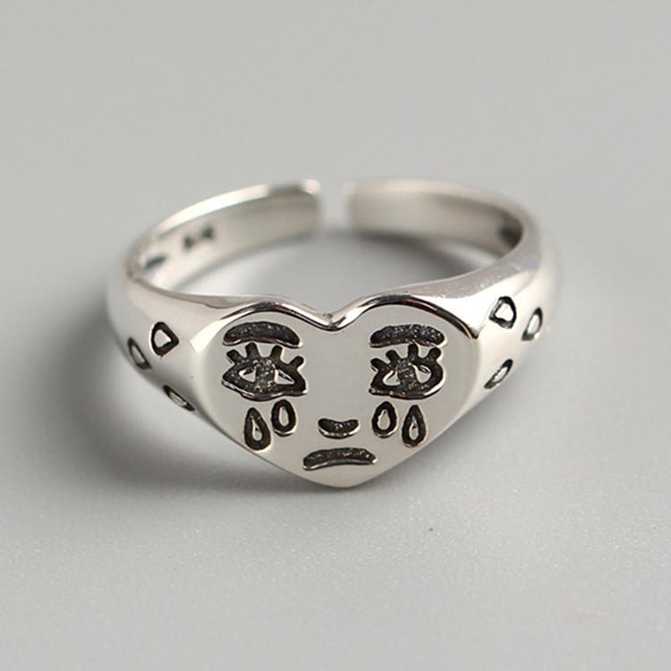 Simple Sad Crying Face Love Ring for Women with Old Tearful Expression Open Ring Jewelry