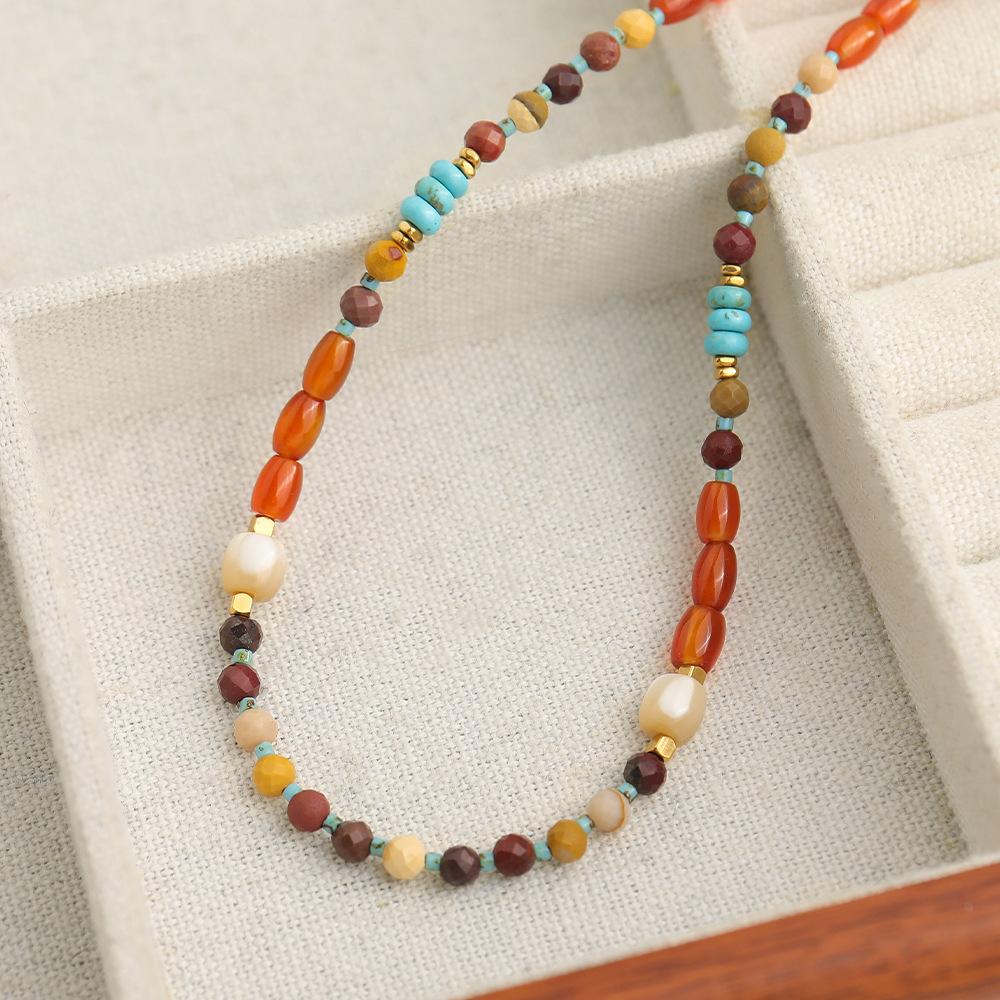 Retro Duobao handmade beaded natural stone agate necklace warm orange contrasting color autumn and winter atmosphere sense advanced sense collarbone