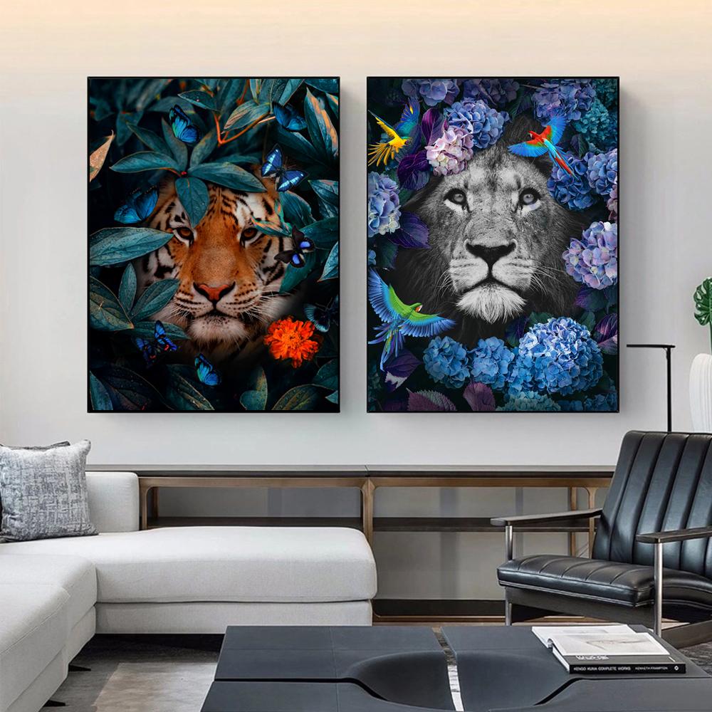 Лев и тигр цветы холст живопись животные Куадрос постеры и принты скандинавские настенные художественные картины для гостиной домашний декор