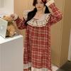 Korean-Style Red Plaid Cotton Nightgown with Lace Trim 