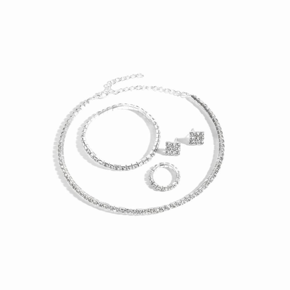 4Pcs Multilayer Necklace Bracelet Earring Ring Set Shiny Rhinestone Choker Bridal Jewelry Set Women