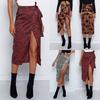 Female High Waist Bandage Leopard Printing Wrap Satin Bow Sexy Split Skirts