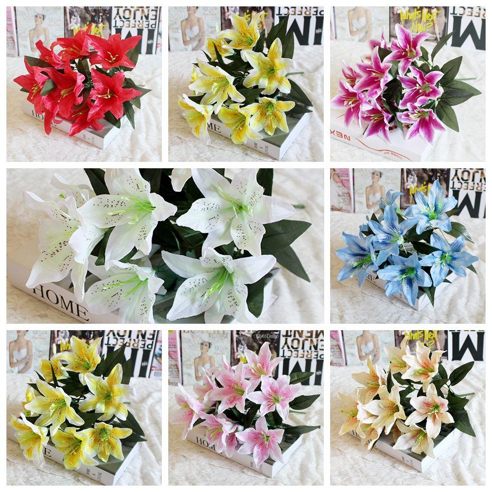 10 Heads Vivid Home Accessories Colorful Artificial Flowers Lilies Bouquet Fake Lilies Wedding Decor
