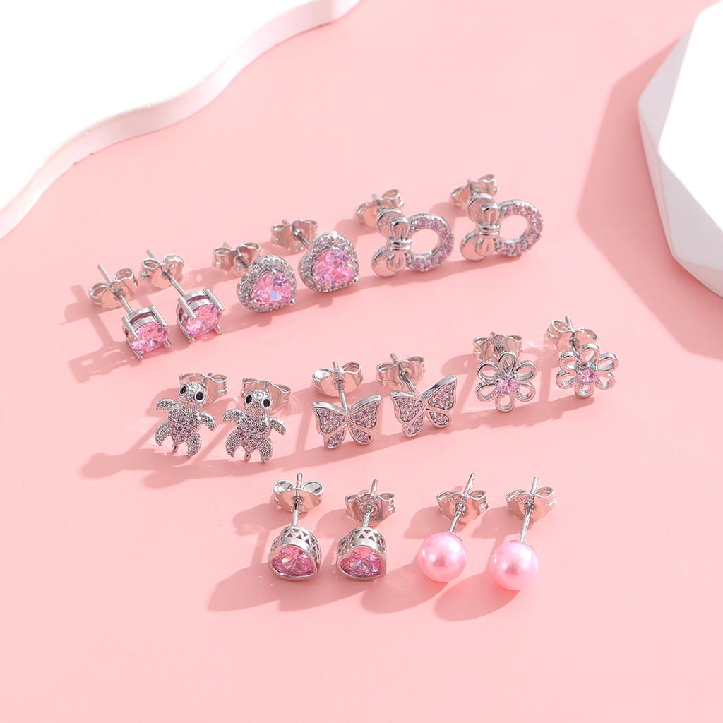 8 Pairs Hypoallergenic Stainless Steel Stud Earrings Heart CZ Tiny Butterfly Kids' Summer Party Body Zircon Perfect Gift for