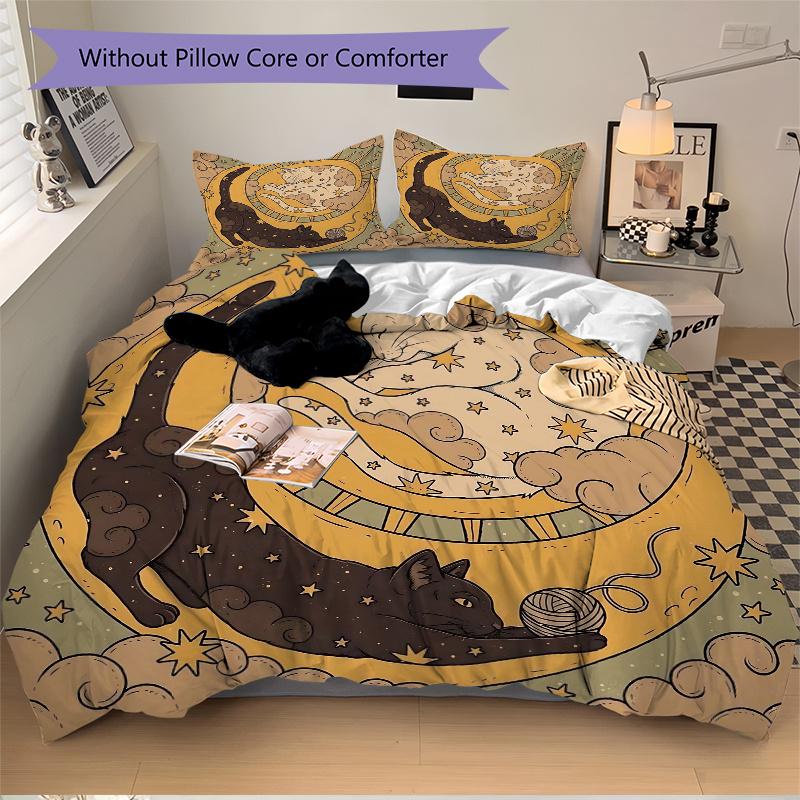 3pcs Two Cats in Moonlit Dreams Quilt Set - Soft and Comfortable Bedroom, Guest Room and Dorm