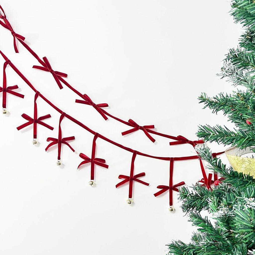 Christmas Velvet Bow Banner Christmas Tree Bells Red Pre-Strung Ornaments Christmas Vintage Velvet Bow Decoration
