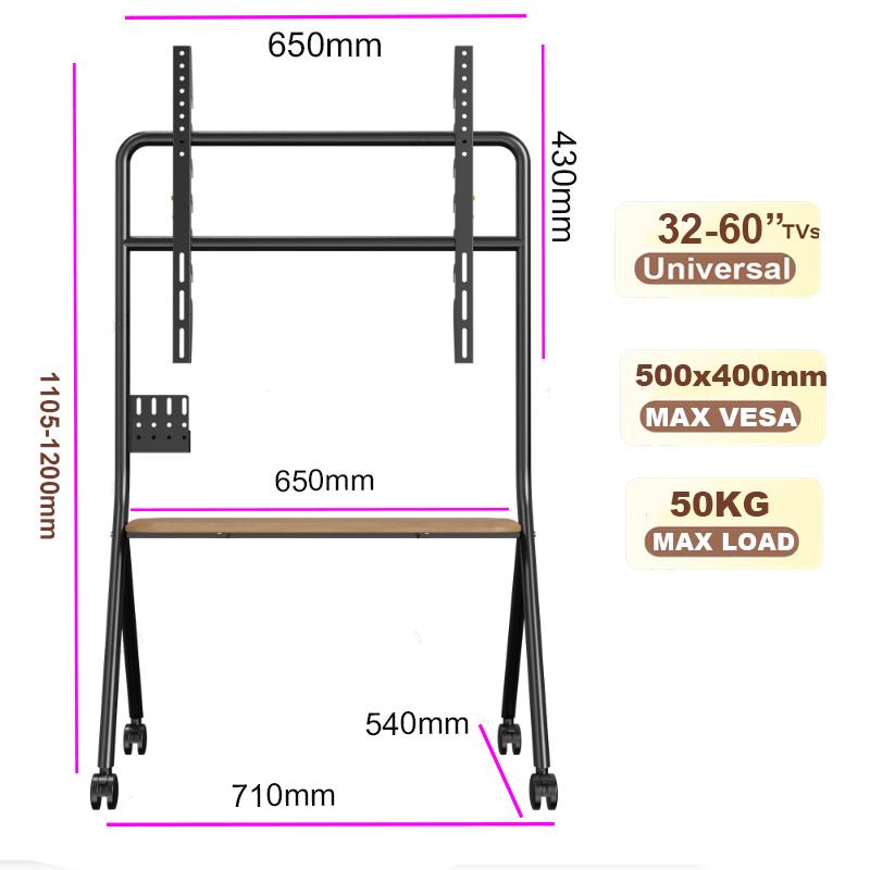 Мобильная стойка для телевизора BEISHI на колесиках с деревянной полкой, Легко собираемая тележка для телевизора на роликах для телевизоров 32-60 дюймов для гостиной, улицы