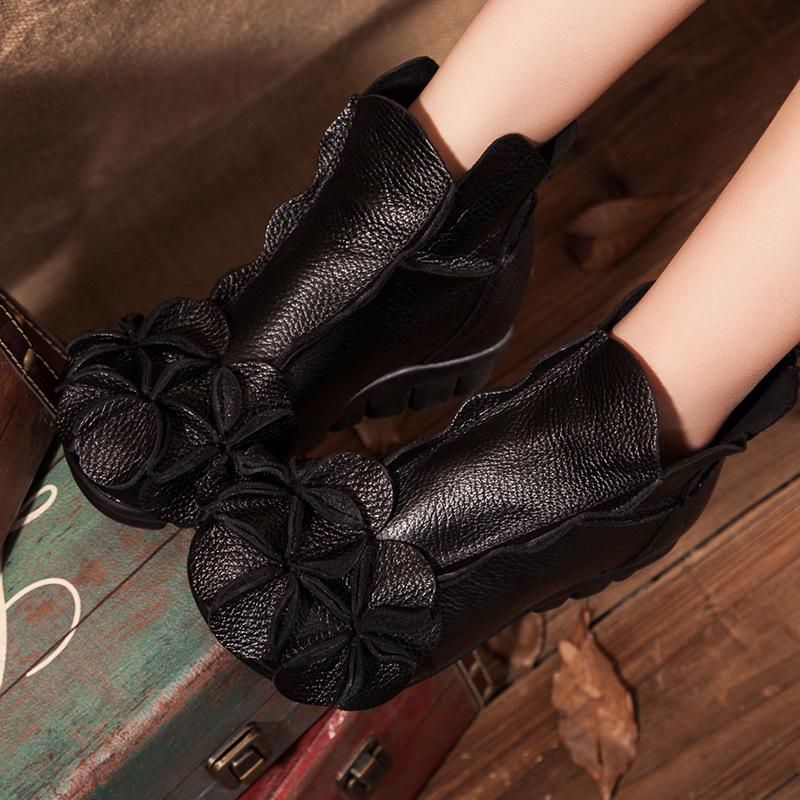 Ethnic Genuine Leather Shoes Women Vintage Boots and Shoes for Autumn Womens Retro Boots Boho Style Shoes Ladies Red Ankle Boots