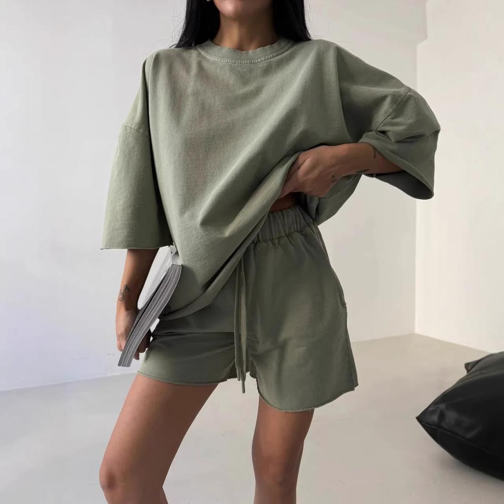2026 Summer New Women's Pure Color Loose Casual Sportswear Hoodie Set 2 Piece Outfit Fashion Slim Short Sleeve Tee and Shorts