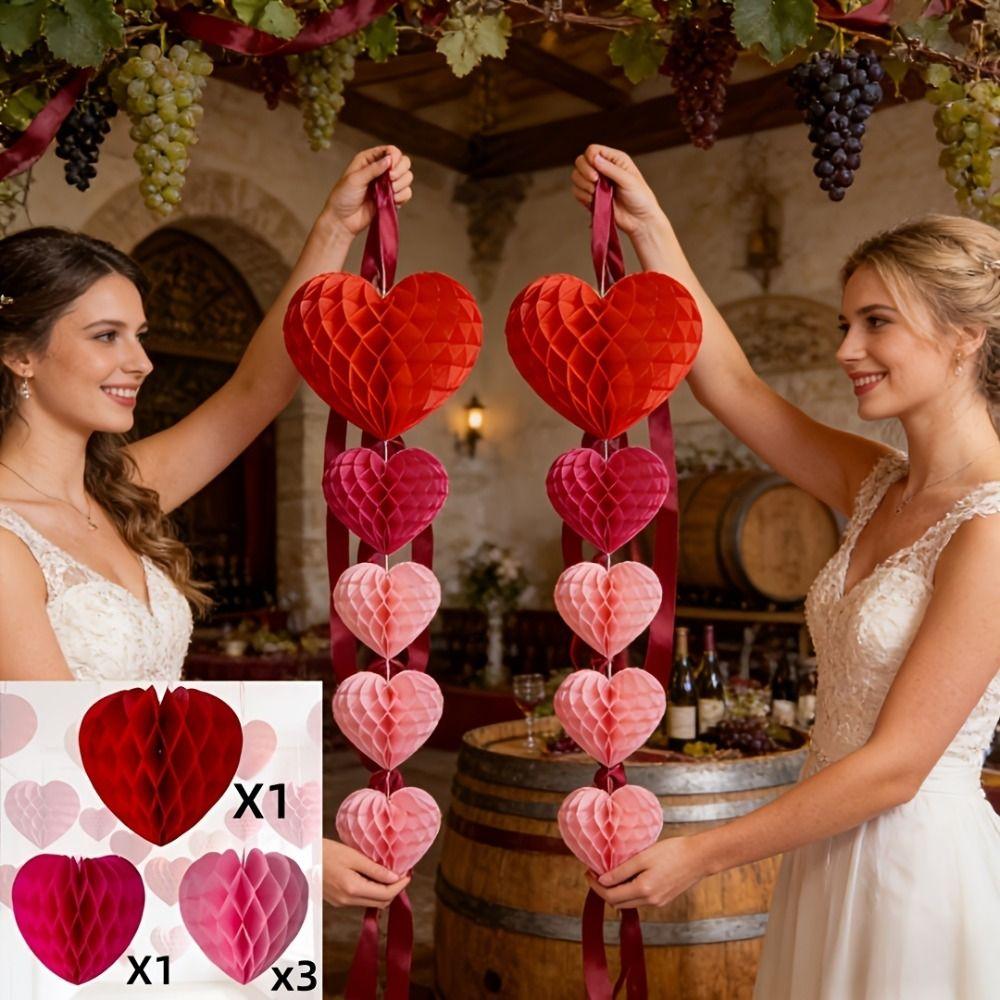5 Pcs Set Heart-Shaped Honeycomb Party Decorations Hanging Paper Pom-Poms  Birthday Party Decor