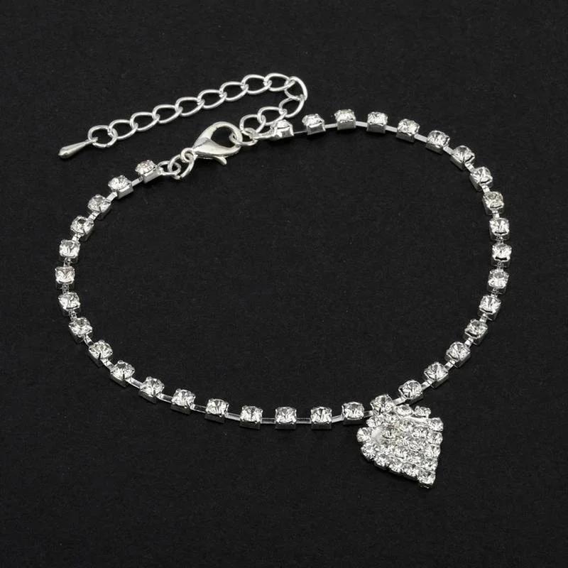 Women Summer Fashion Beach Feet with All-match Rhinestone Heart-shaped Pendant Full of Anklets Accessories Creative Gifts