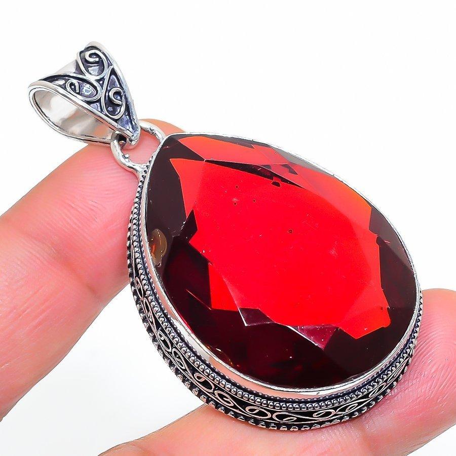 Lab Created Mozambique Garnet Vintage Pendant 2.3" Silver Tone Pear Cut Gemstone