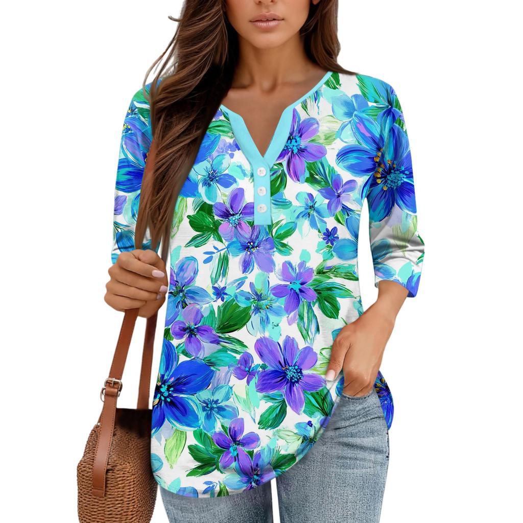 3/4 Length Sleeve Womens Tops Print Vintage Fashion Casual Loose With V Neck Plus Size Shirts Tops