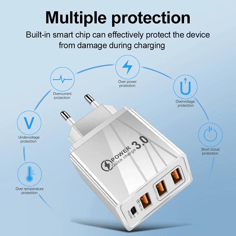 48 Вт USB зарядное устройство QC 3.0 Type C PD быстрая зарядка для iPhone 12 13 Max Samsung S21 Xiaomi мобильный телефон EU/US вилка настенное зарядное устройство