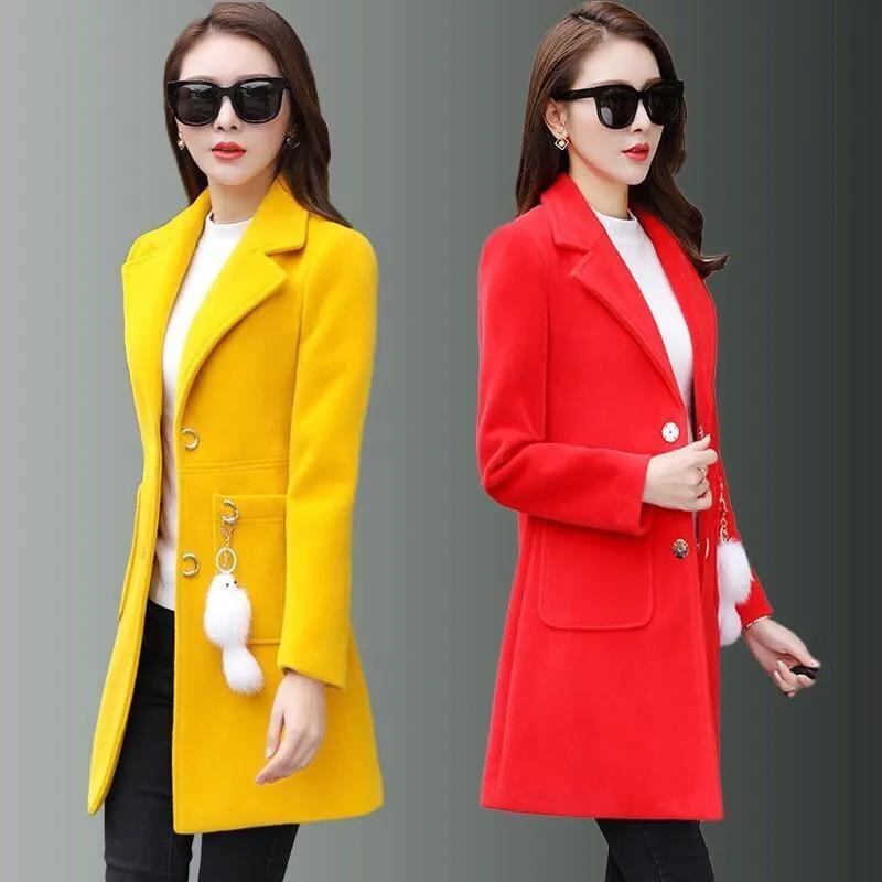 Spring/Autumn/Winter Slim Woolen Coat V-neck Solid Color Long Coat Large Size Casual Warm Windbreaker Temperament Top with Pendant