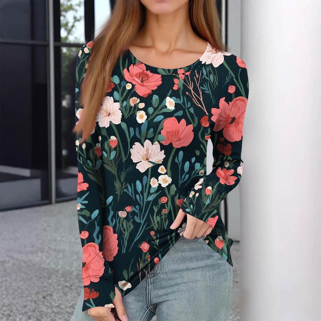 Women's And Winter Slim Bottom T-shirt Fashion Casual Gradient Printing Round Neck Pullover Long Sleeve Top