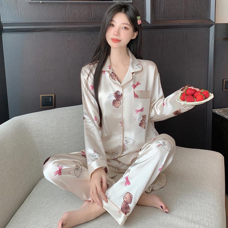 "Korean Ins-Style Imitation Silk Pajamas: Women's Long-Sleeve Cute Bear Dot Set"