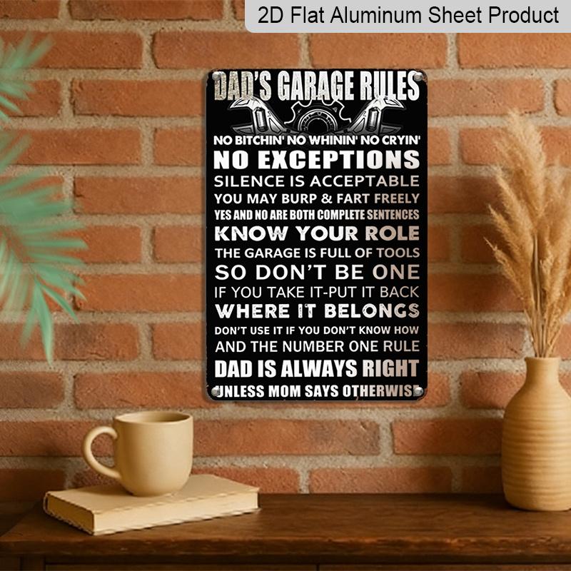 2D Flat 1pc Dad's Garage Rules Metal Sign 7.87x11.81inch - Aluminum Funny Garage Decor for Home, Workshop, Man Cave, Father's Day Gift - Durable