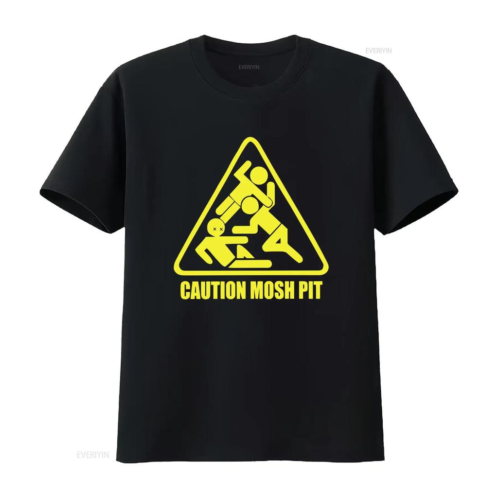 CAUTION MOSH PIT Music Inspired T Shirt Black with Yellow Motif Perfect for Concerts and Lovers