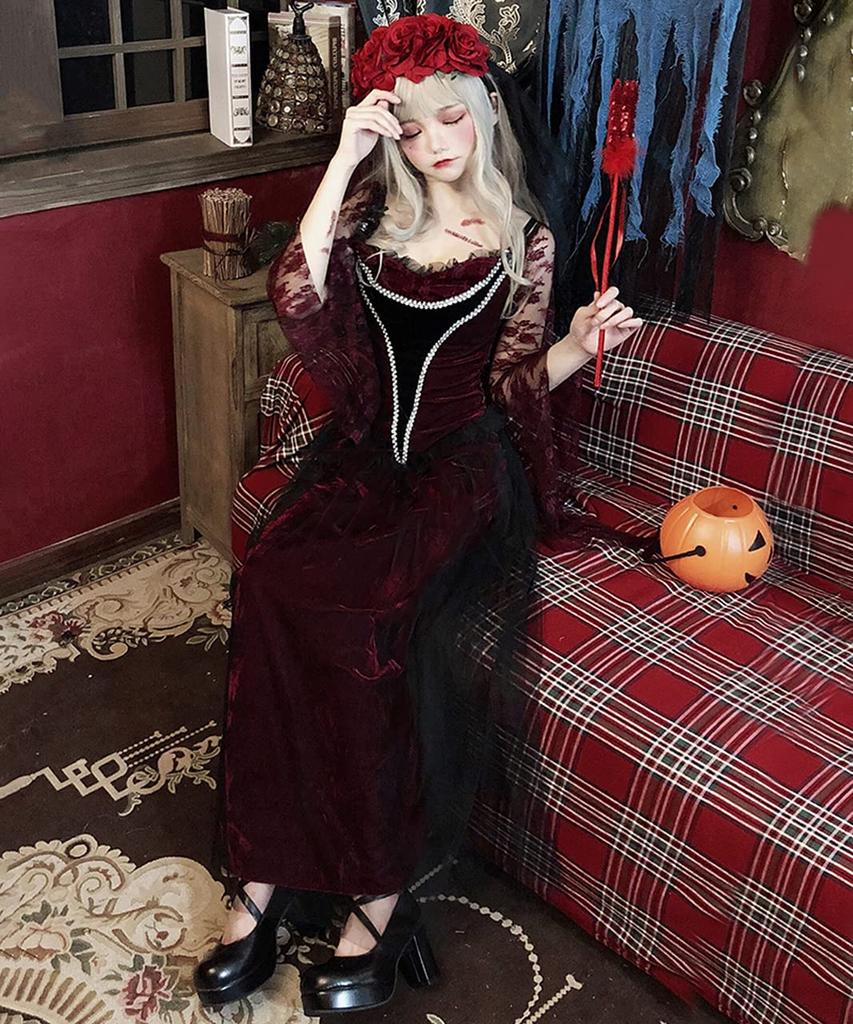 [Milky Time] Vampire Halloween Cosplay Bride Zombie Costume with Rose and Red Veil Set