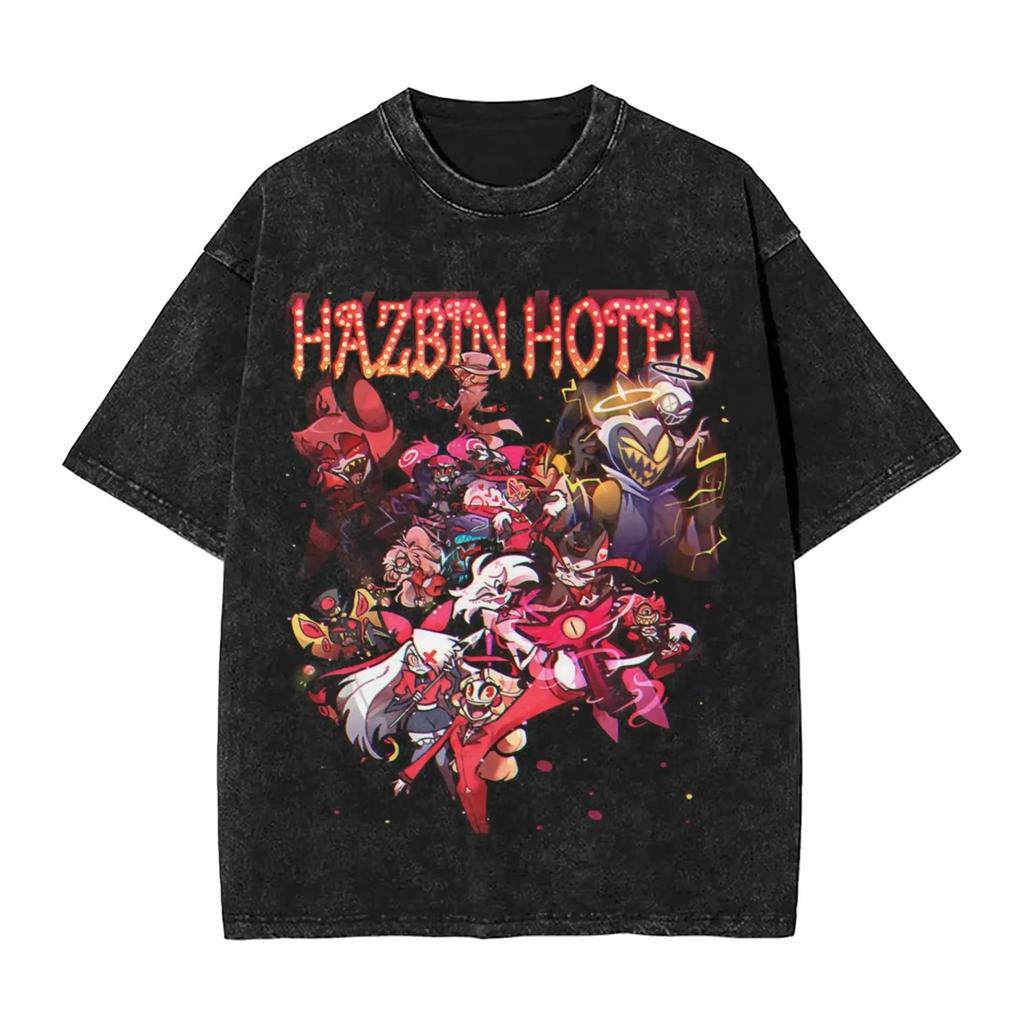 Unisex Vintage Washed Cotton T-Shirt Hazbin Hotel Alastor Radio Demon Graphic Tee Unisex Loose Streetwear Anime Casual Short Sleeve Top