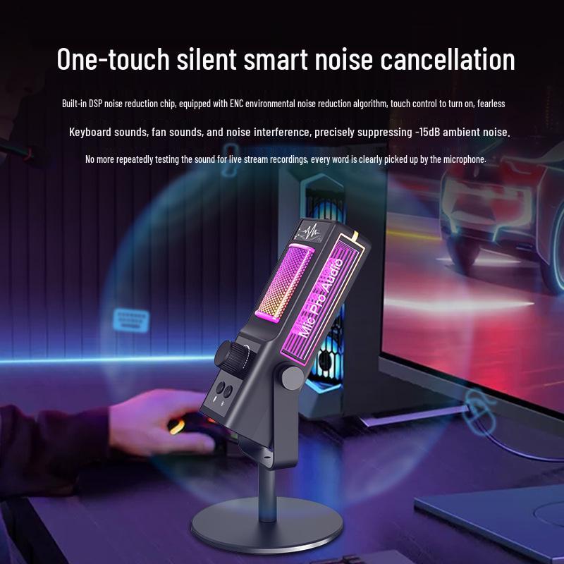 USB-конденсаторный микрофон с RGB-подсветкой (собственная разработка) – Идеально подходит для прямых трансляций, записи, шумоподавления, игровых комментариев и киберспорта.