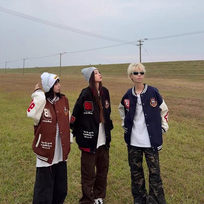 Teen Streetwear Baseball Jacket Colorblock Patchwork Embroidered Loose Fit Outerwear
