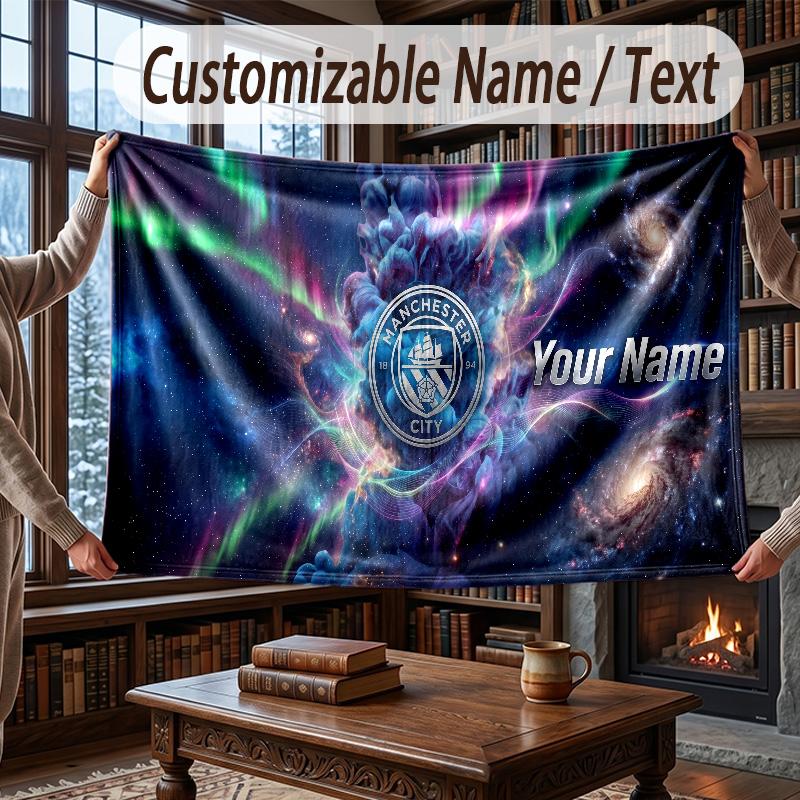Custom Name Flannel Throw Blanket Manchester City Pattern Warm Home Decoration