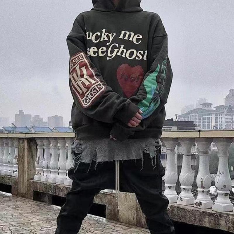 Lucky Me I See Ghosts Толстовка с буквенным принтом Пара Kanye West Граффити Зимние пуловеры с капюшоном Толстовка в стиле хип-хоп Пальто с длинными рукавами