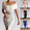 Women Dress Strapless Off Shoulder with Belt Solid Color Mid-length Skirt Party Dress Evening Wedding Dress
