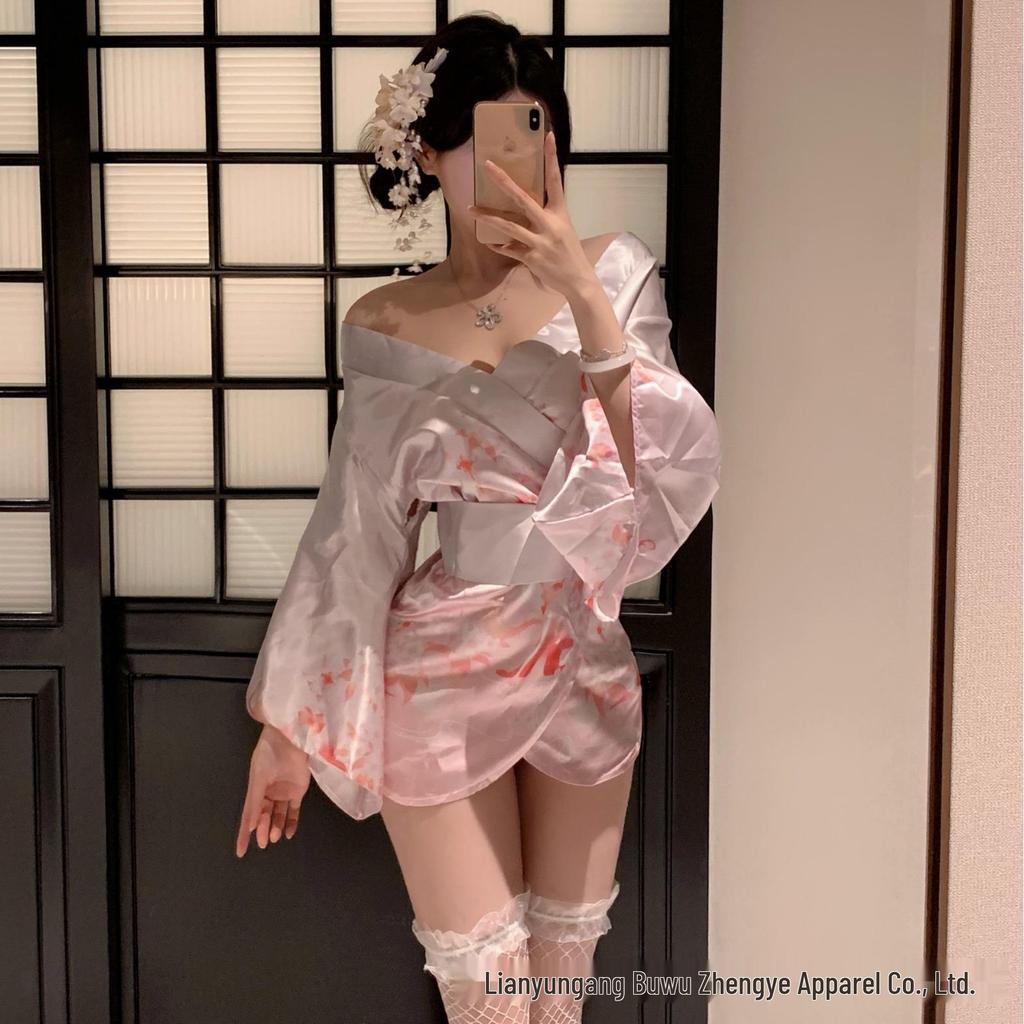 Sexy Deep V Open-Front Japanese Kimono Pajama Set for Women