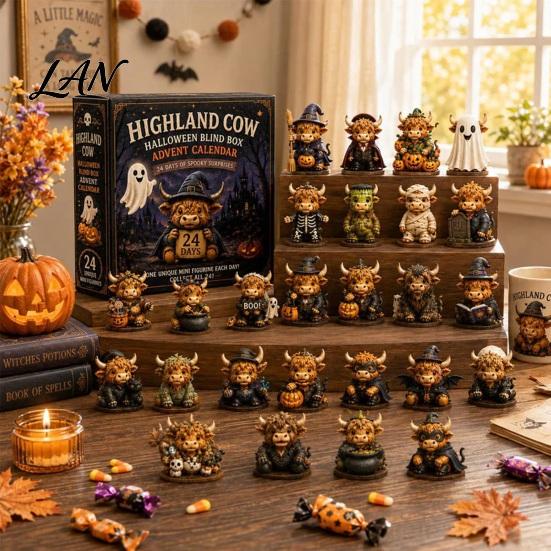 Halloween Ornament Gift Box Highland Cow Advent Calendar, 24 Days Countdown Calendar with Collectible Figures Acrylic Ornaments, Gifts for Kids,