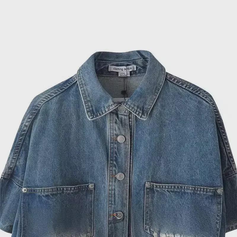 Women's European/American Style Washed Denim Shirt Jacket with Big Pockets