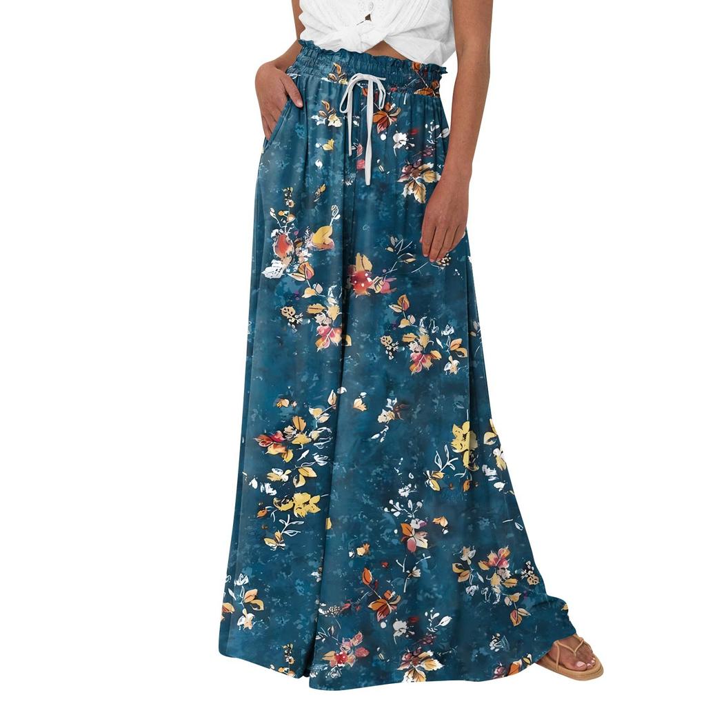 Женские брюки-палаццо с цветочным принтом в стиле бохо, широкие брюки, летние пляжные струящиеся брюки с высокой талией и карманами