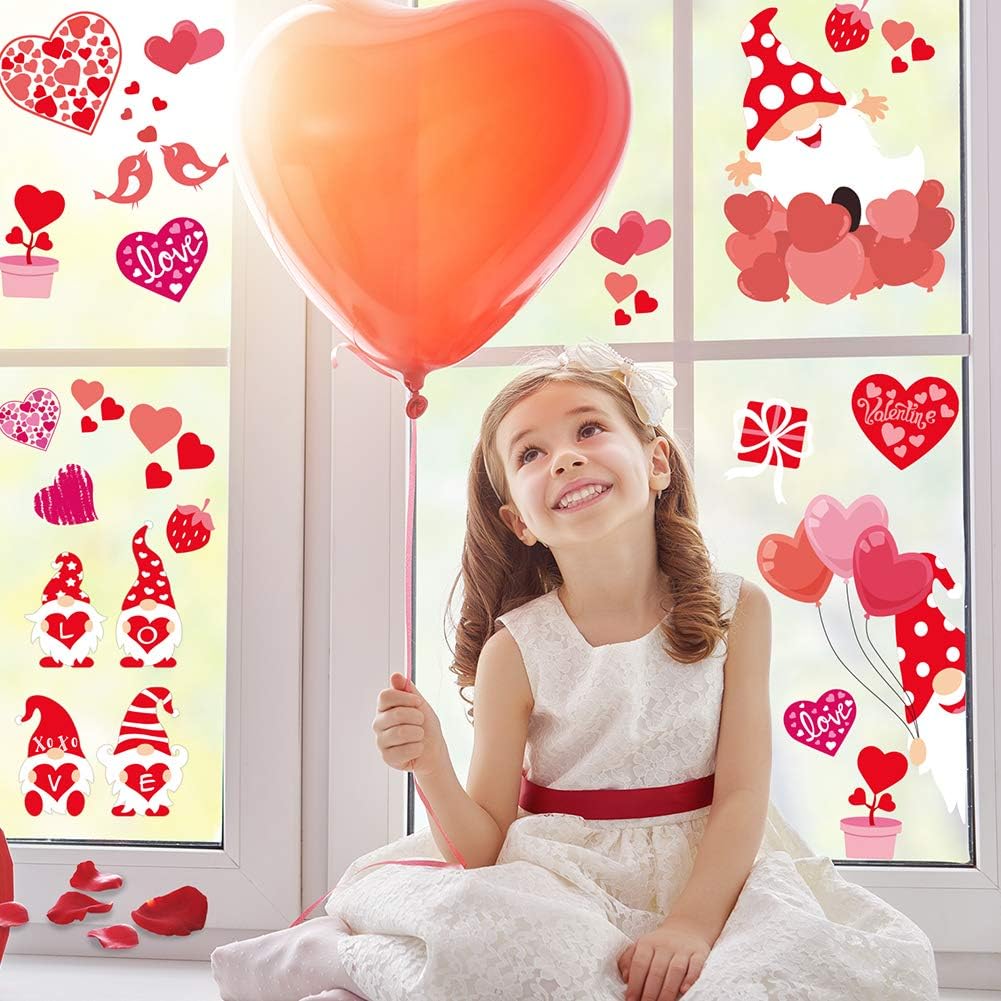 CCINEE Valentine's Day Window Cling,6 Sheet Heart Gnome Elf Window Sticker Decals for St. Valentine's Day Wedding Party Home Window Decoration Supply