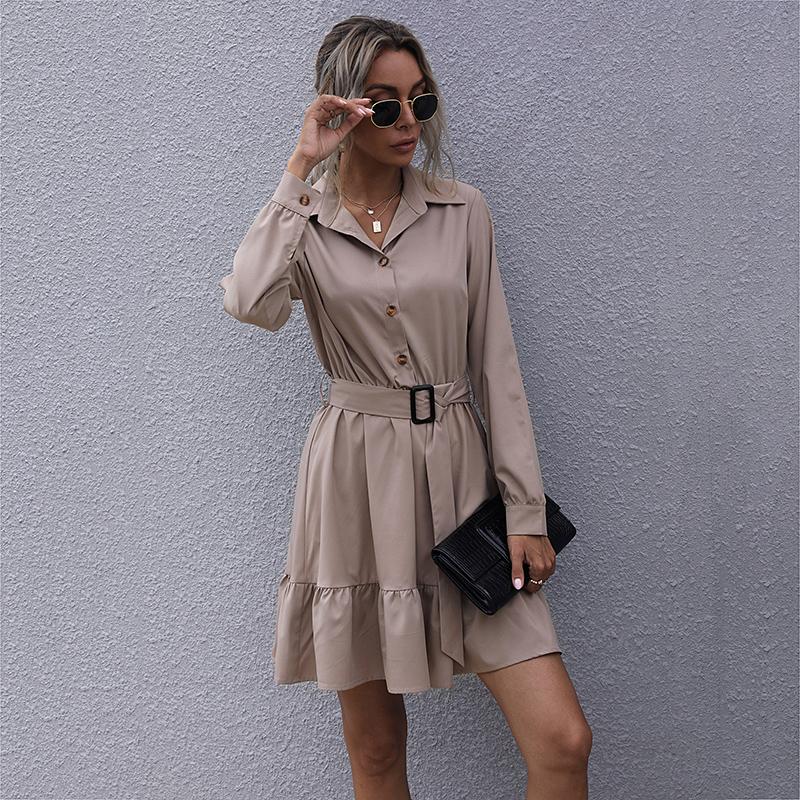 YYFS Женская мода лето весна однотонный принт с длинным рукавом поло шеи повседневные платья