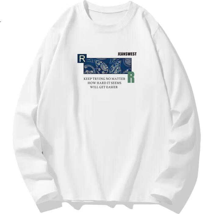 Jeanswest Men's T-Shirt, Loose Round Neck Pure Cotton, Spring 2026 Comfortable Long-Sleeve Printed Casual Top for Men, White, 3XL