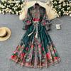 Spring Summer Women Vintage Palace Print Runway Dress Lantern Sleeve Long Maxi Holiday Beach Dresses with Belt