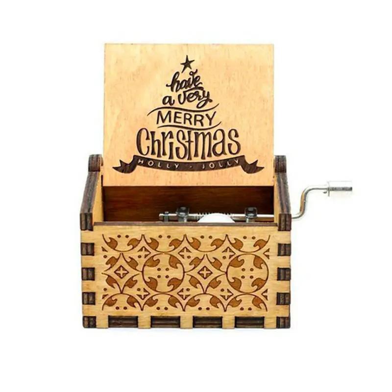 Merry Christmas Music Box Wooden Metal Movement Handheld Christmas Home Office Cafe Decoration Gift Music Box
