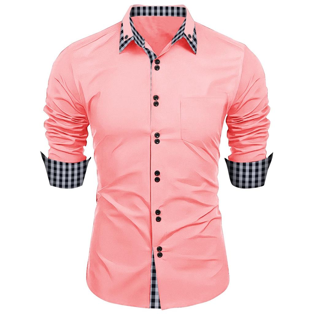 Мужская осенняя рубашка свободного покроя с длинным рукавом в клетку с цветными блоками на пуговицах