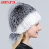 JERYAFUR Женская зимняя меховая шапка из натурального меха, вязаная меховая шапка с помпоном из норки и лисы с шариками, стильная теплая модная шапка для девочек, шапка