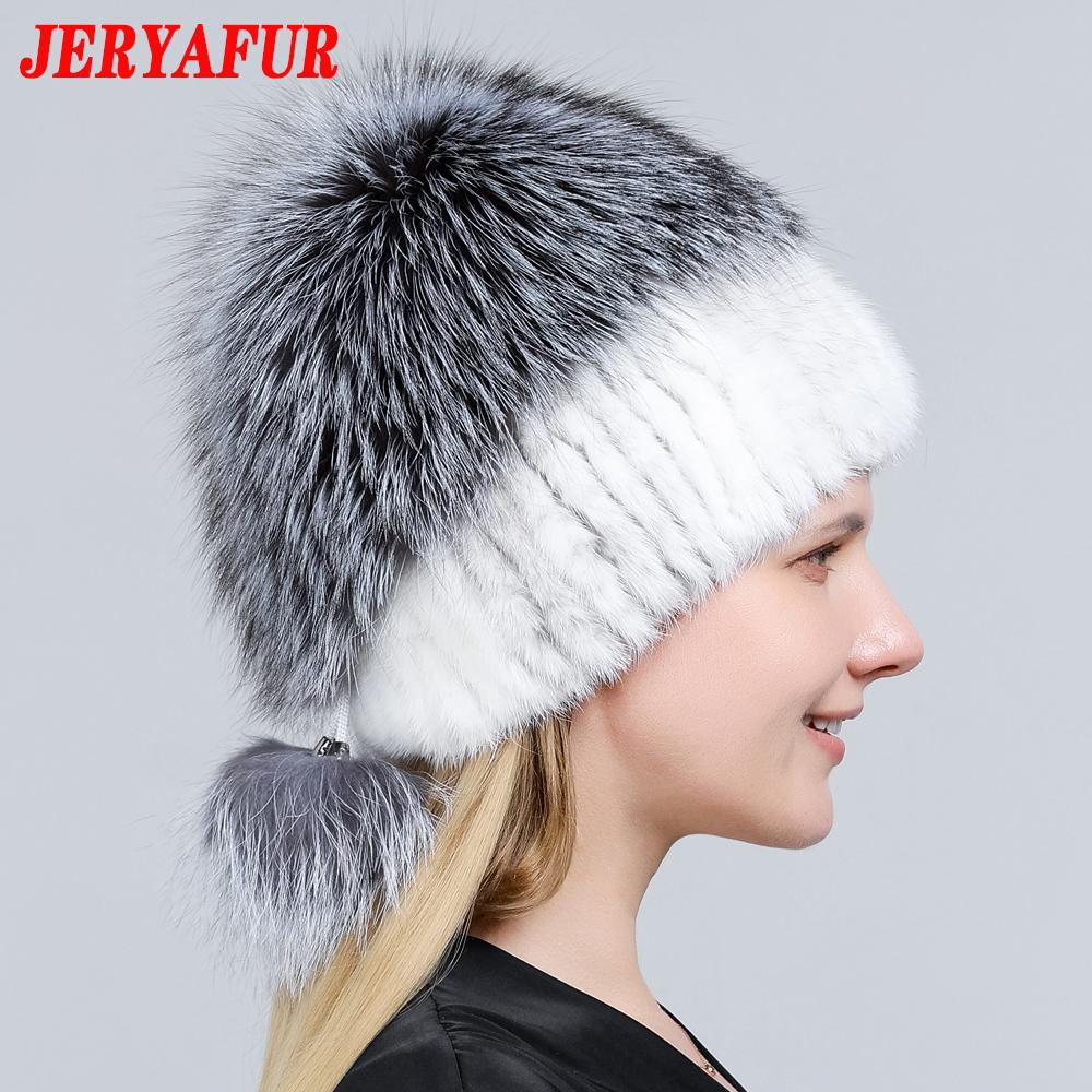 JERYAFUR Женская зимняя меховая шапка из натурального меха, вязаная меховая шапка с помпоном из норки и лисы с шариками, стильная теплая модная шапка для девочек, шапка