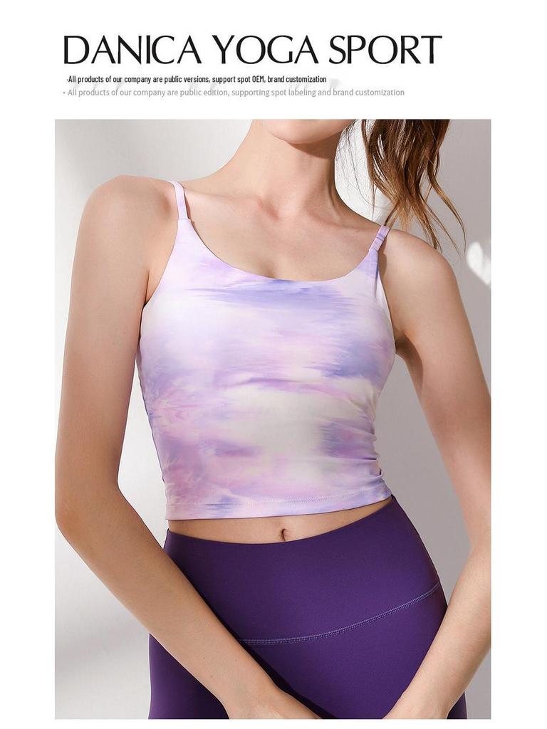 Женский летний топ для йоги Lulu: Спортивный жилет с амортизацией, нагрудной вставкой и стильным принтом на спине