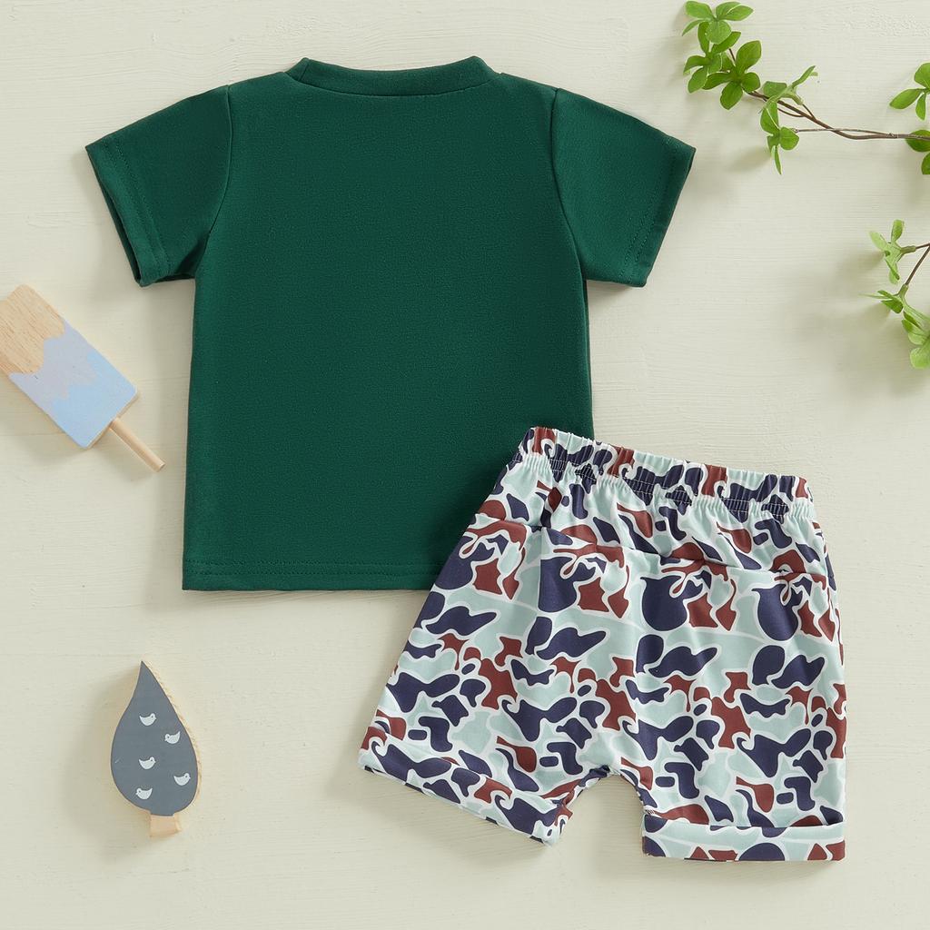 Boys Summer Shorts Sets Short Sleeve O Neck Duck Embroidery Tops and Camouflage Shorts Sets